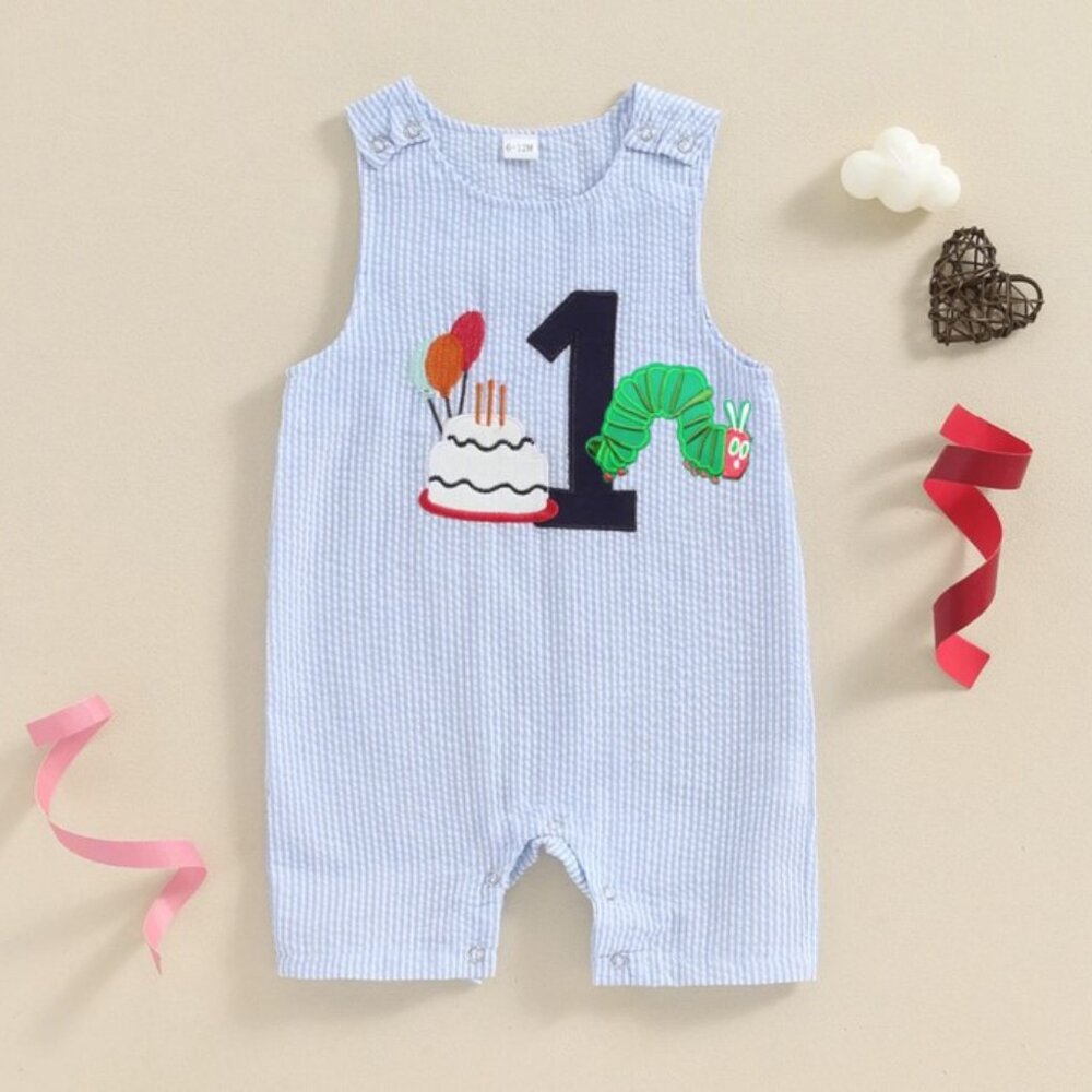 White and Blue Bodysuit with Birthday Appliqué